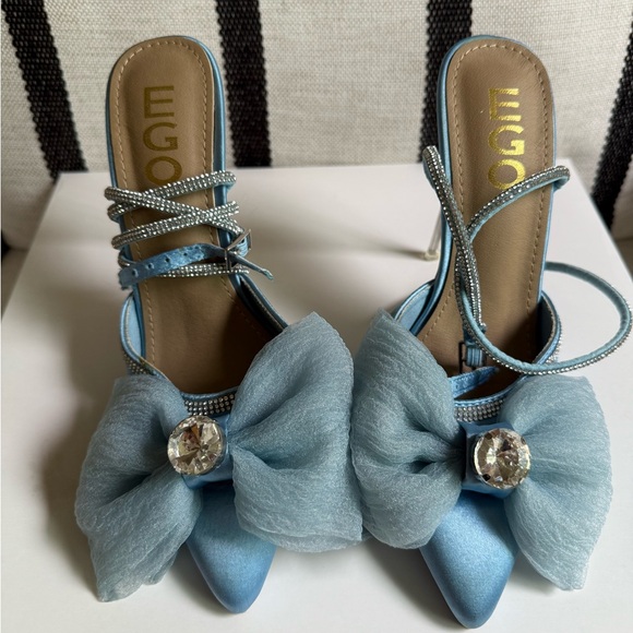 EGO Shoes - EGO Blue Heels with Bow and Rhinestone Accent